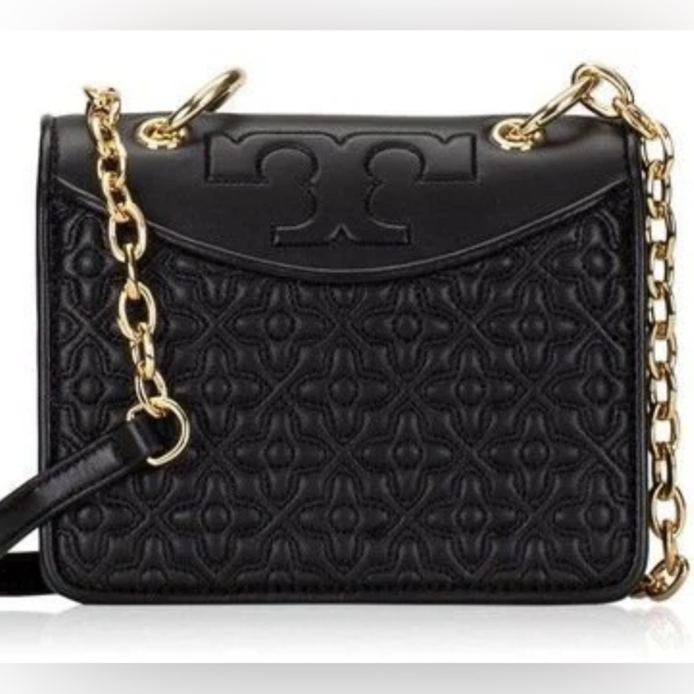 Tory Burch Black Quilted Leather Shoulder Bag with Gold Chain